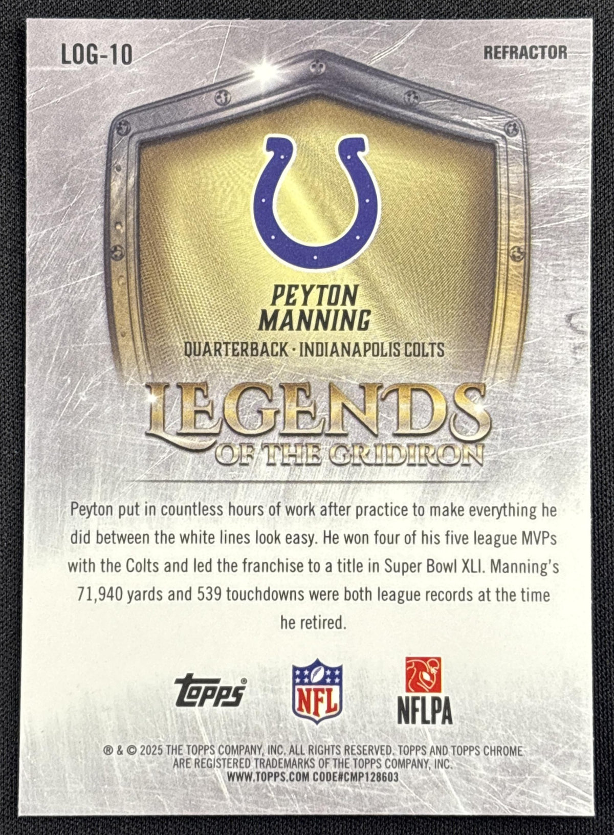 Peyton Manning 2025 Topps Chrome Legends of the Gridiron Refractor Colts Indianapolis Colts