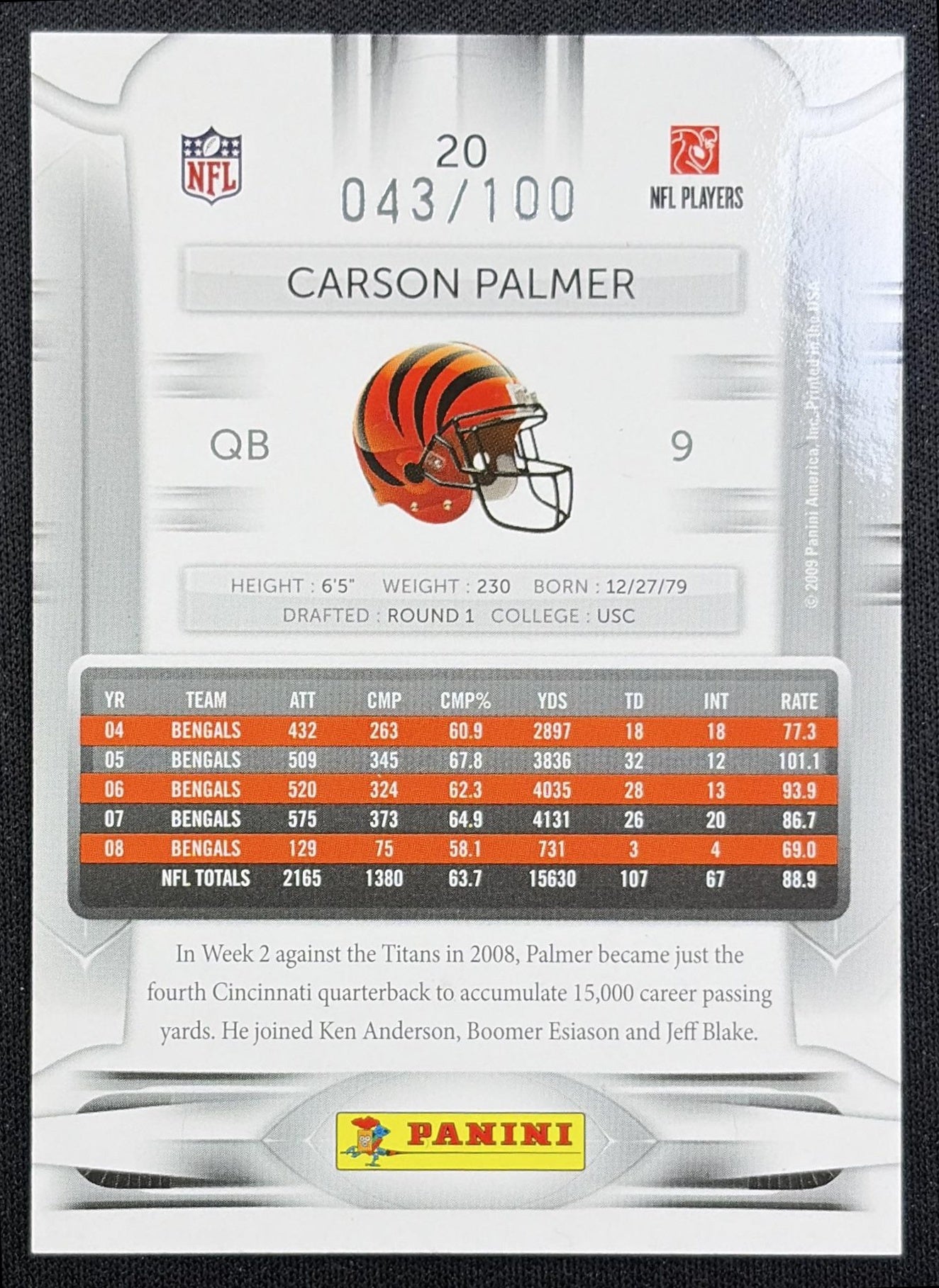 Carson Palmer 2009 Panini Playoff Prestige Xtra Points Red /100 Bengals back