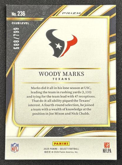 Woody Marks 2025 Panini Select Club Level White Prizm Shock /799 Texans