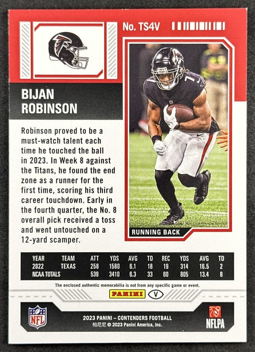 Bijan Robinson 2023 Panini Contenders Rookie Ticket Swatches Patch Falcons back