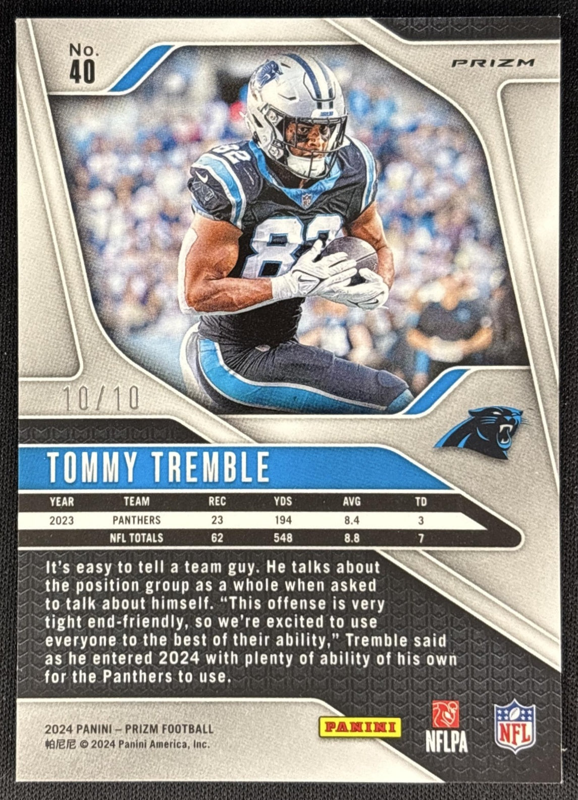 Tommy Tremble 2024 Panini Prizm No Huddle Neon Green /10 Panthers Sports Trading Cards