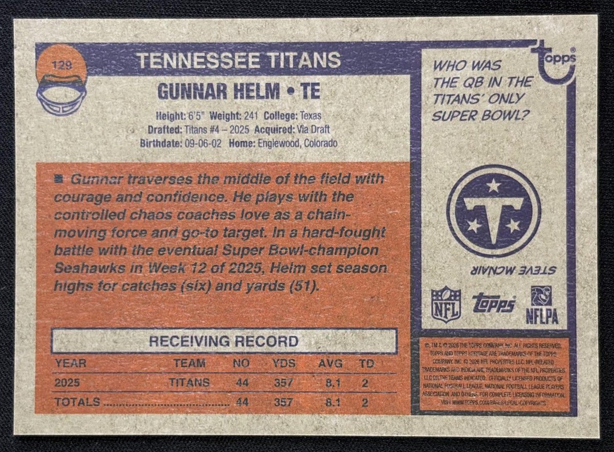 Gunnar Helm 2026 Topps Heritage Chrome Red Refractor /5 Titans