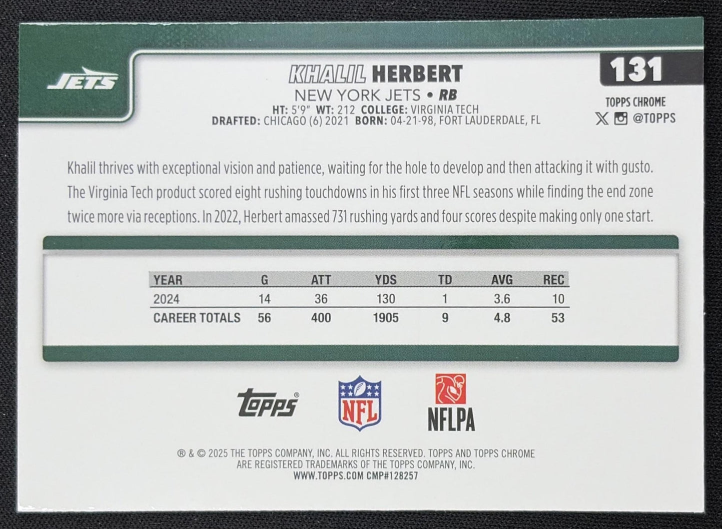 Khalil Herbert 2025 Topps Chrome Pink Refractor /250 Jets