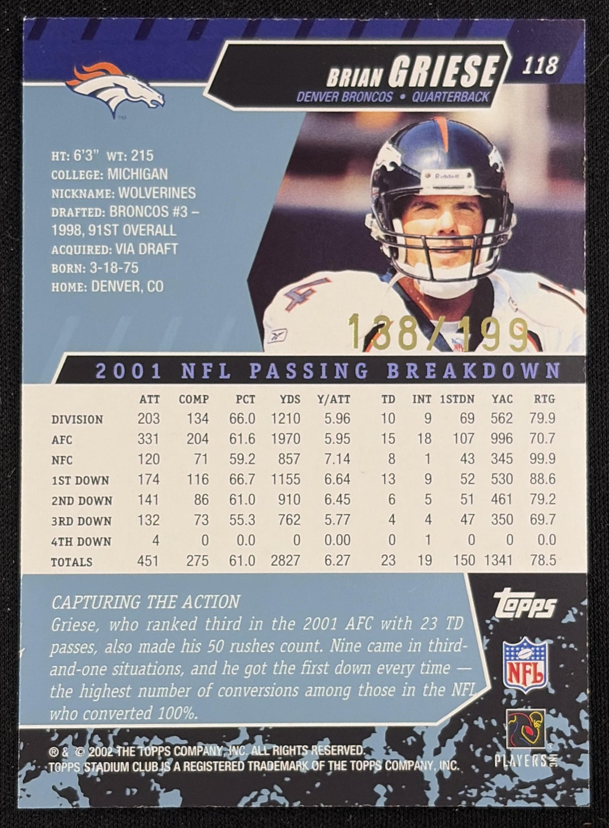 Brian Griese 2002 Topps Stadium Club Photographer's Proofs /199 Broncos Sports Trading Card