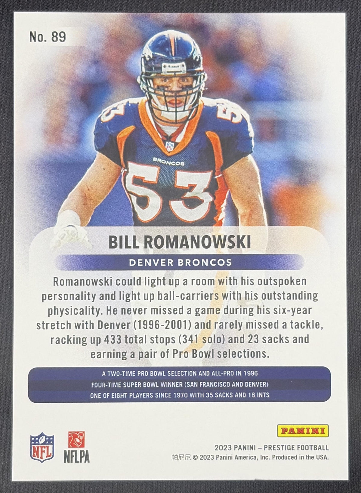 Bill Romanowski 2023 Panini Prestige Xtra Points Green /199 Broncos Sports Trading Card
