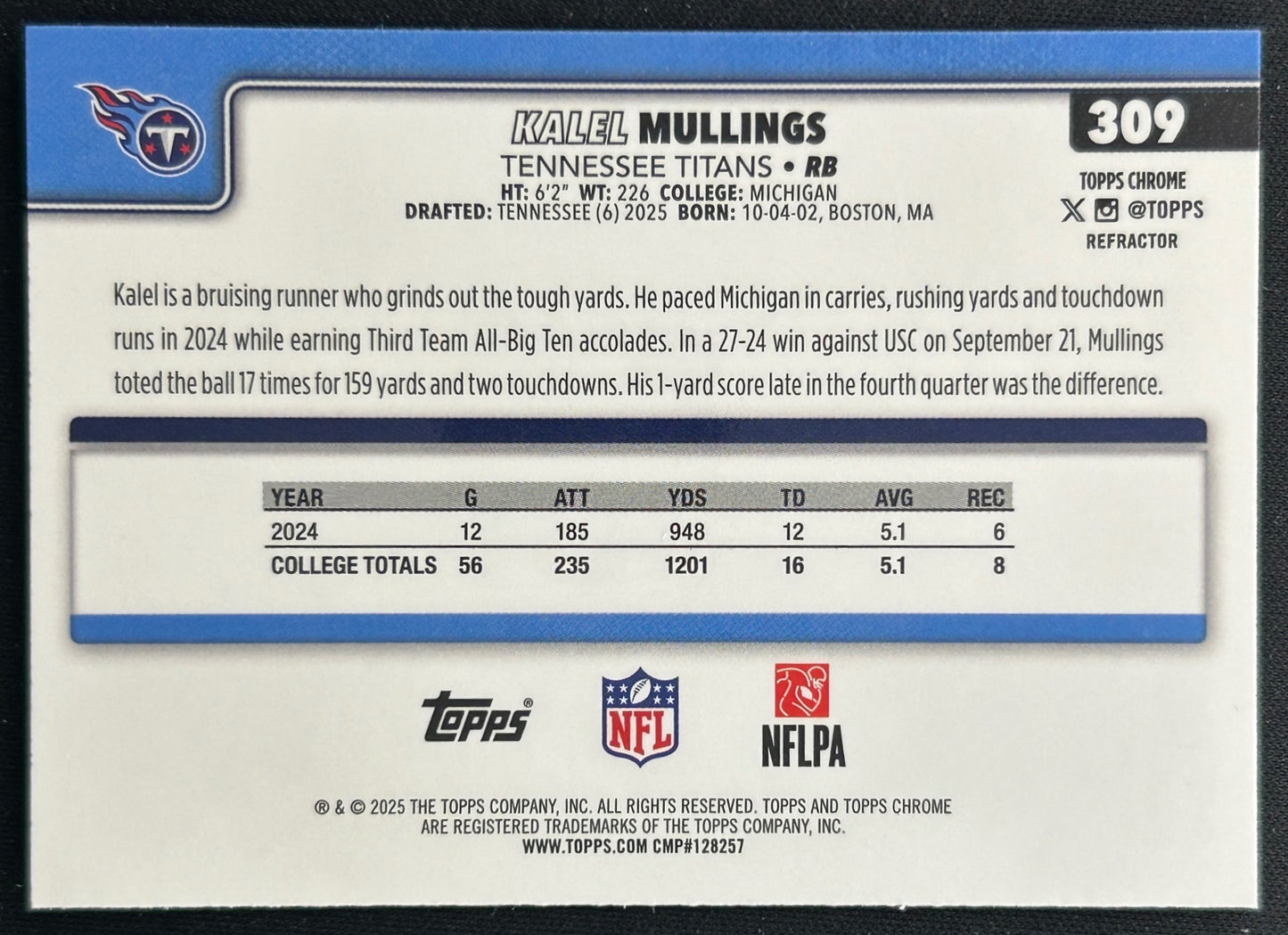 Kalel Mullings 2025 Topps Chrome Rookie Refractor Titans Sports Trading Cards