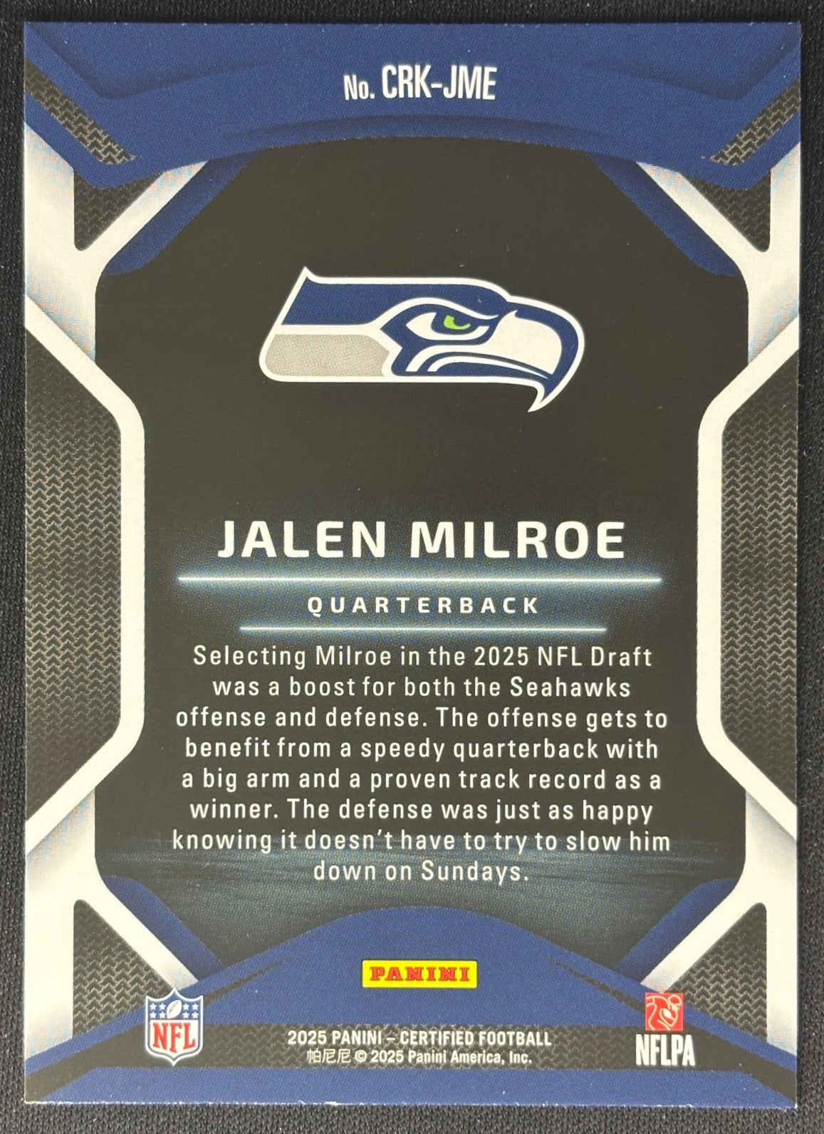 Jalen Milroe 2025 Certified Rookies Seahawks - Back