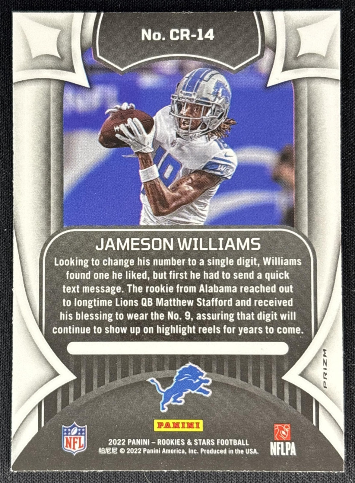 Jameson Williams 2022 Panini Rookies & Stars Crusade Red Plaid Lions Back