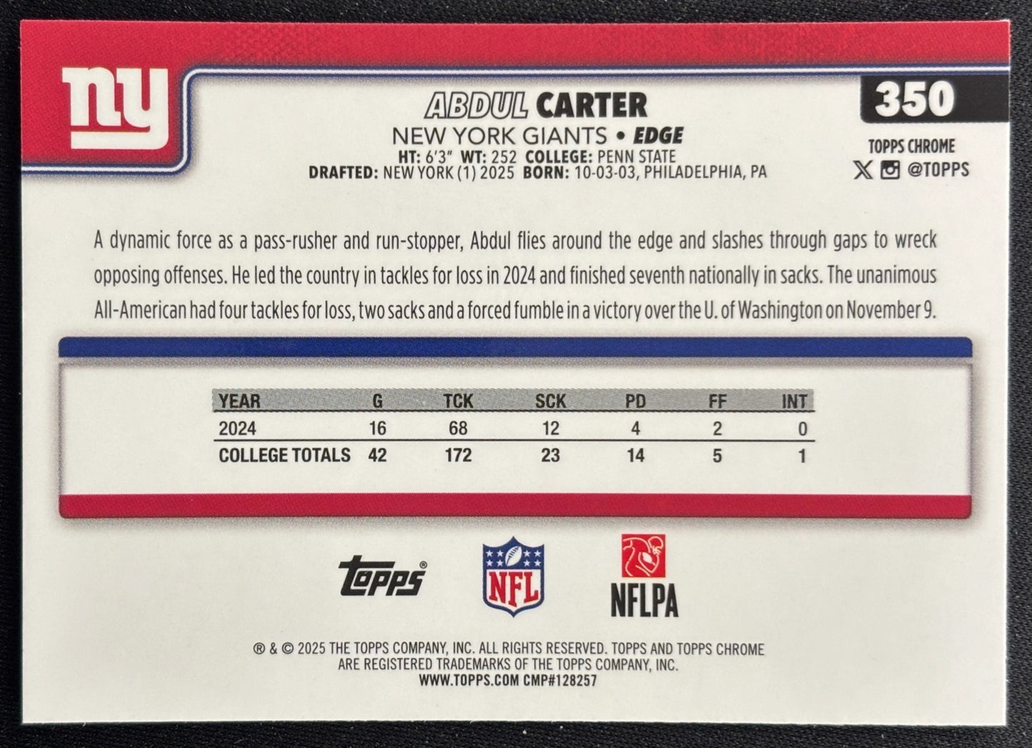 Abdul Carter 2025 Topps Chrome Rookie Giants Sports Trading Cards