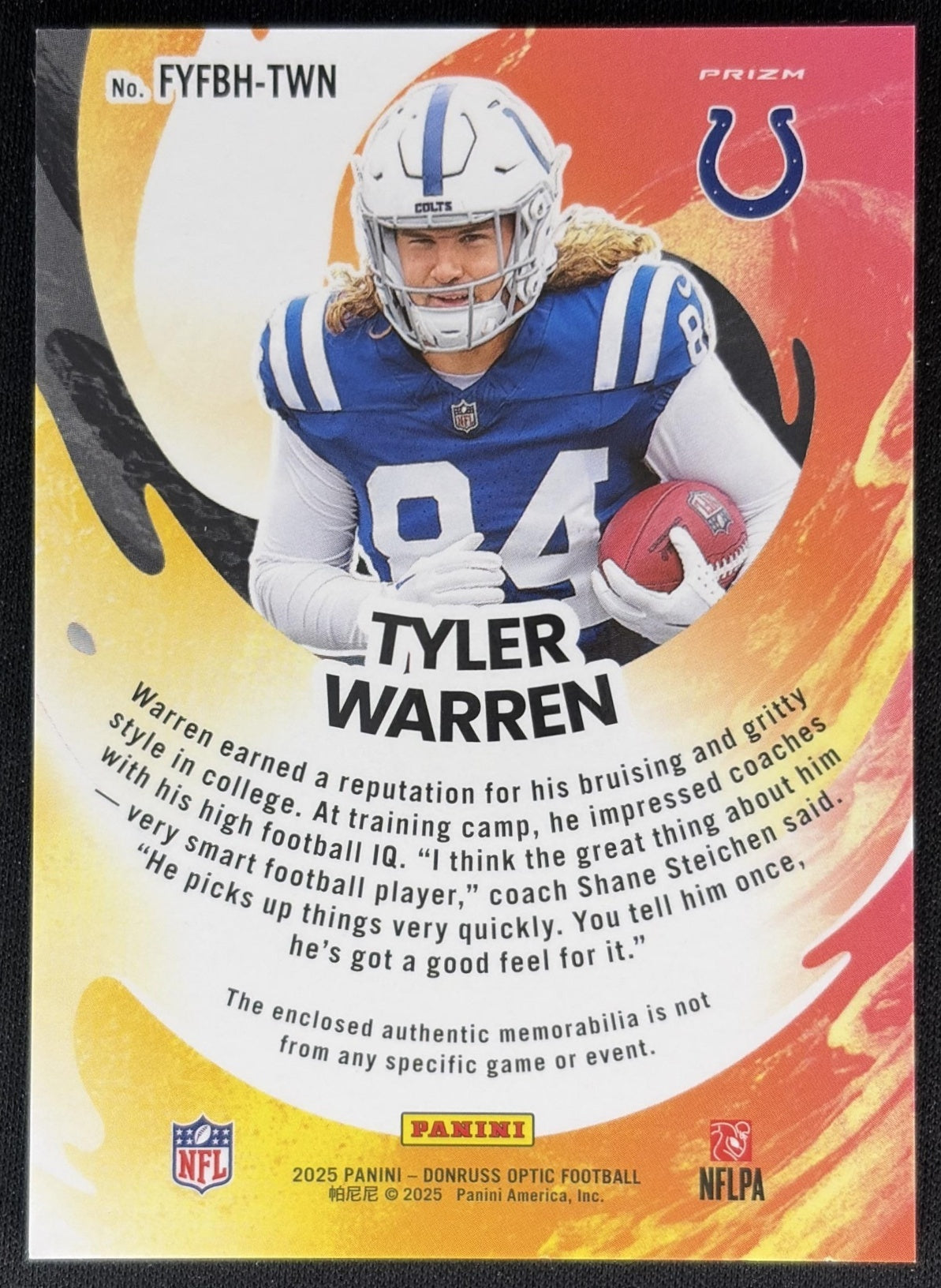 Tyler Warren 2025 Panini Donruss Optic First Year Fresh Blue Hyper Prizm Colts back