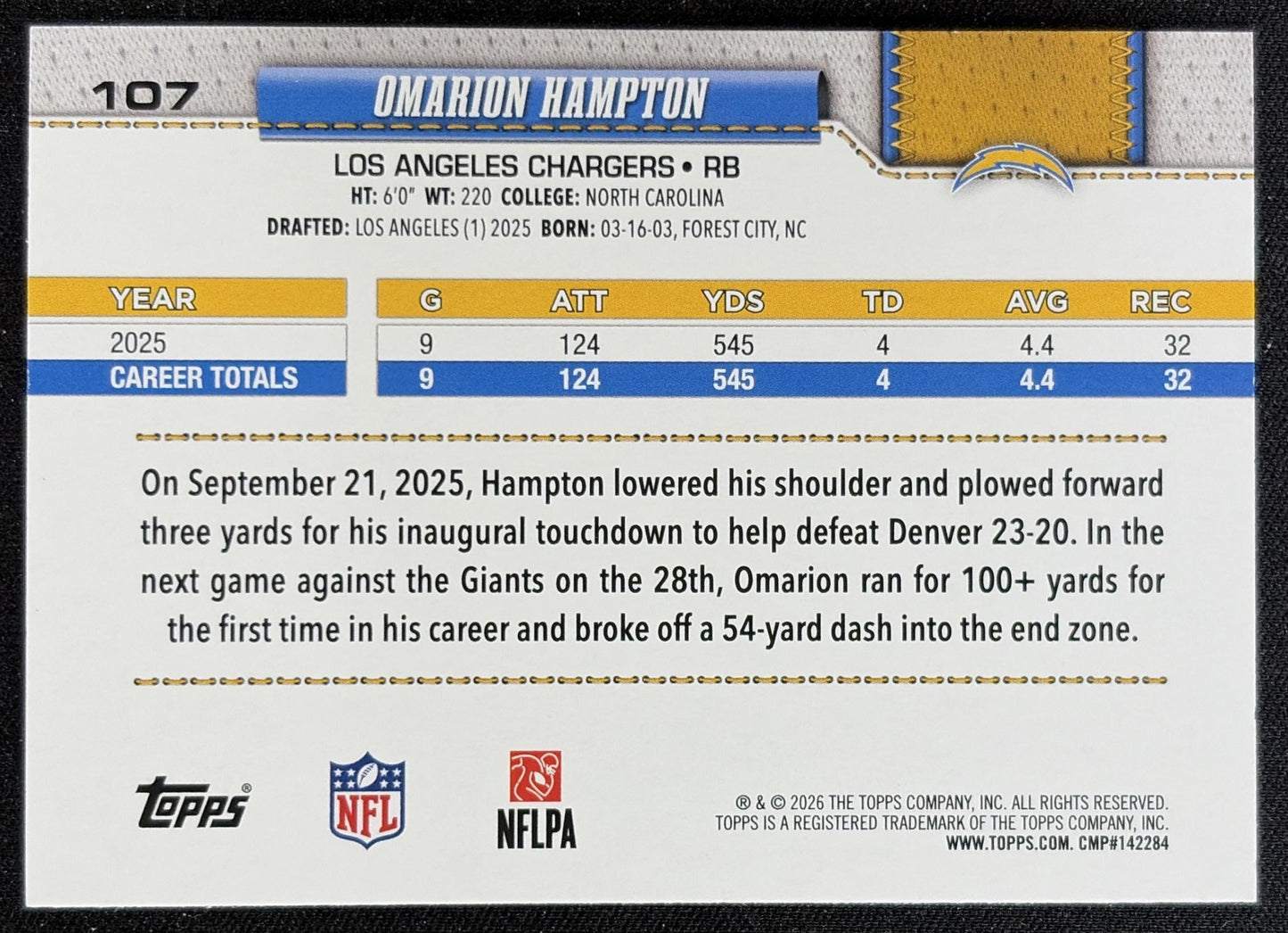 Omarion Hampton 2026 Topps Rainbow Foil Chargers back