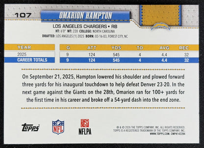 Omarion Hampton 2026 Topps Rainbow Foil Chargers back