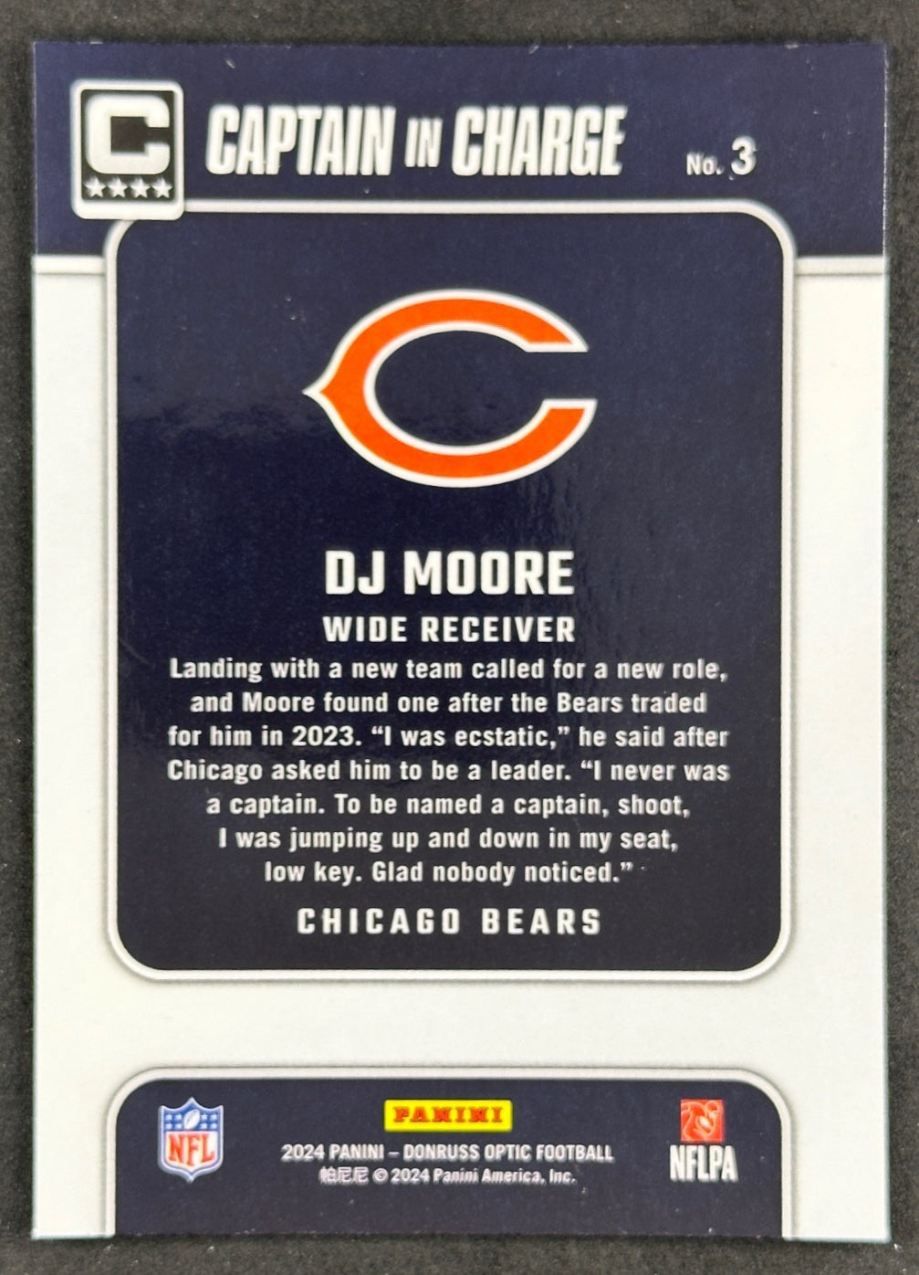 DJ Moore 2024 Donruss Optic Captain In Charge Bears Sports Trading Card