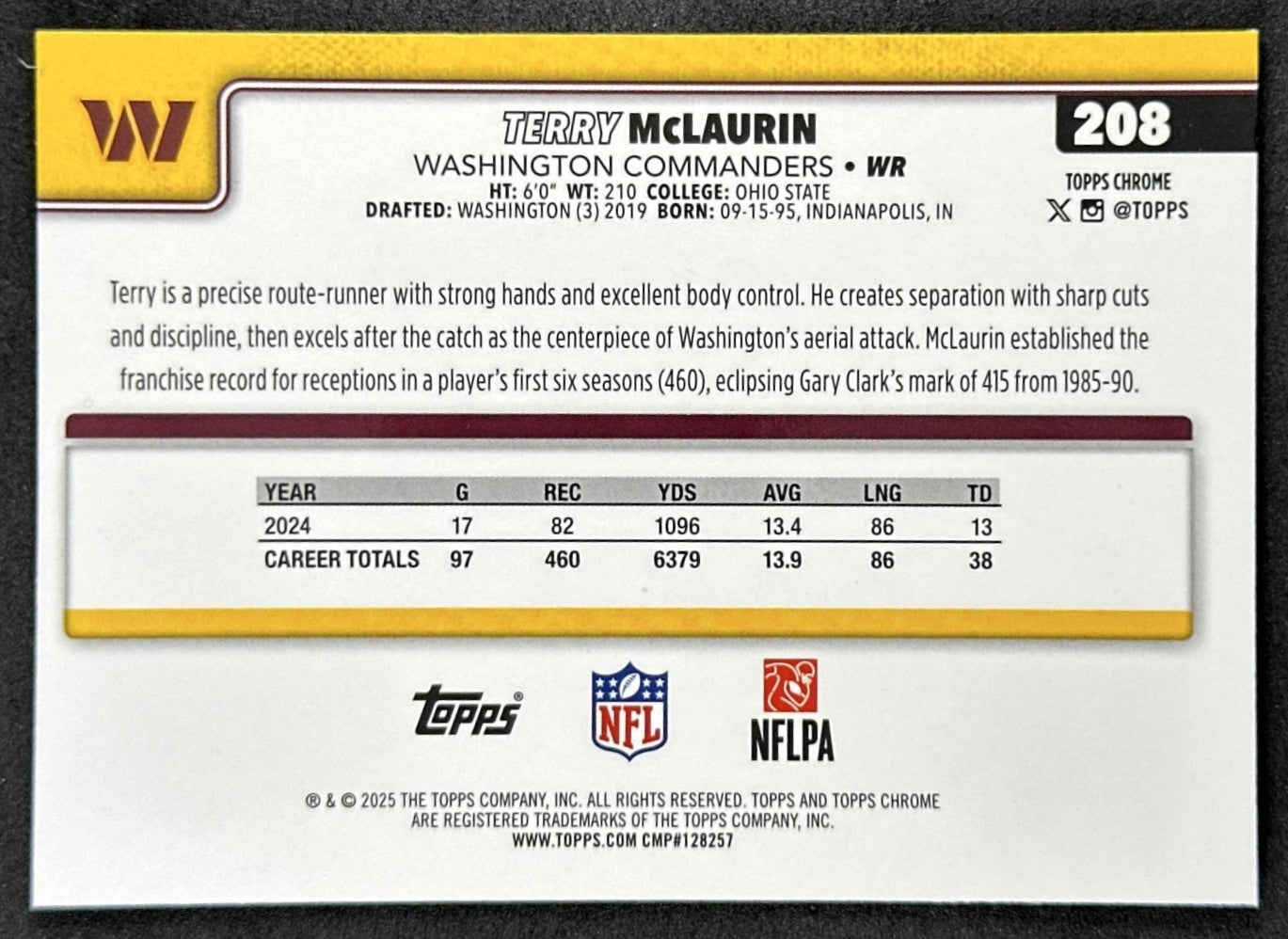 Terry Mclaurin 2025 Topps Chrome Sapphire Commanders Sports Trading Card