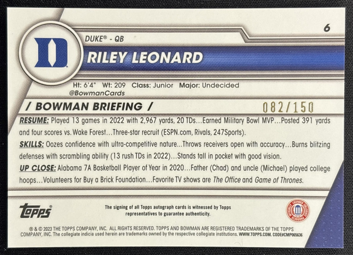 Riley Leonard 2023 University Chrome Prospect Auto Fuschia Mini Diamond Refractor /150 back