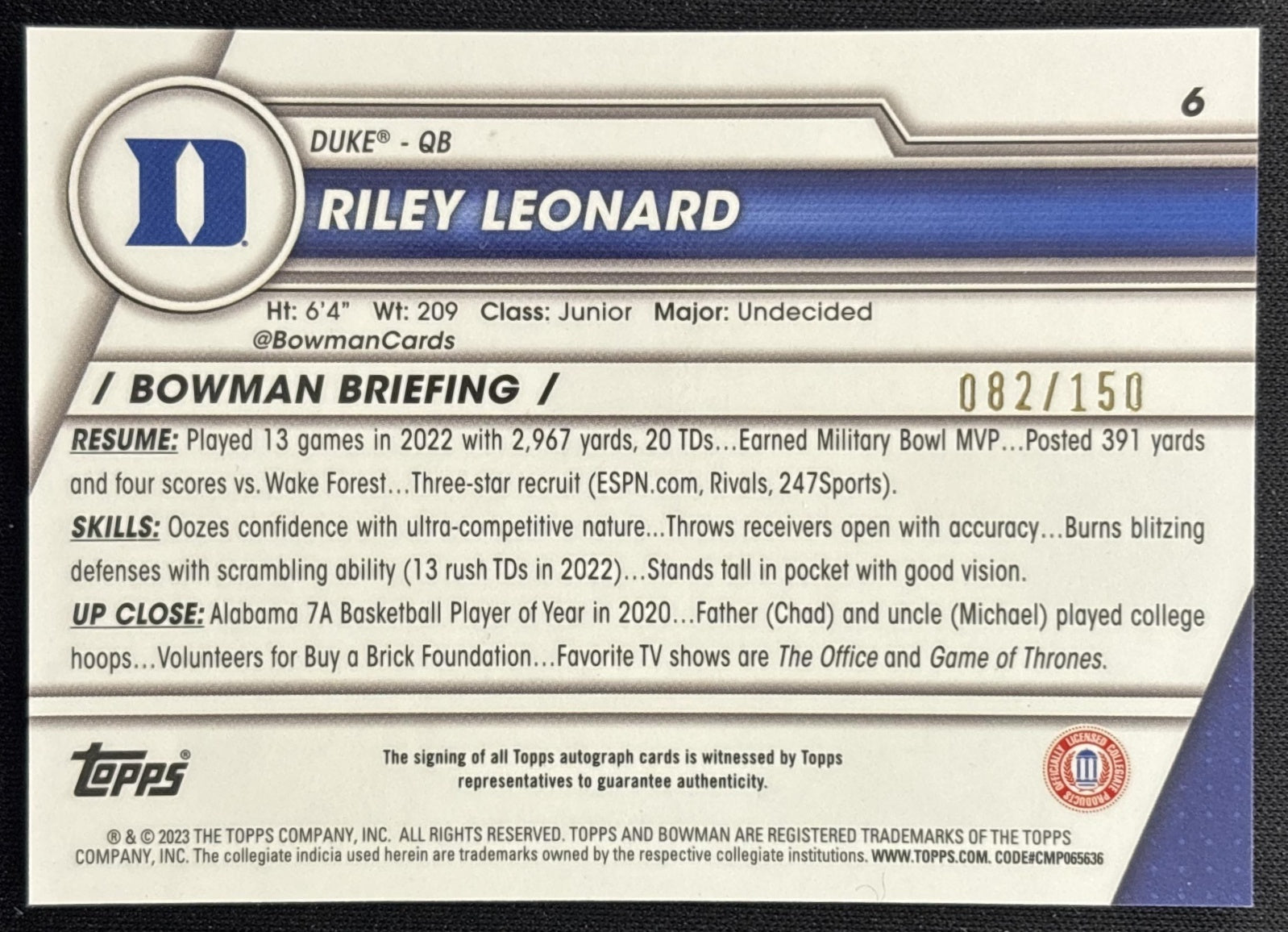 Riley Leonard 2023 University Chrome Prospect Auto Fuschia Mini Diamond Refractor /150 back