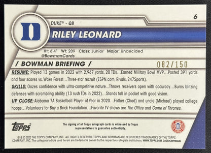 Riley Leonard 2023 University Chrome Prospect Auto Fuschia Mini Diamond Refractor /150 back