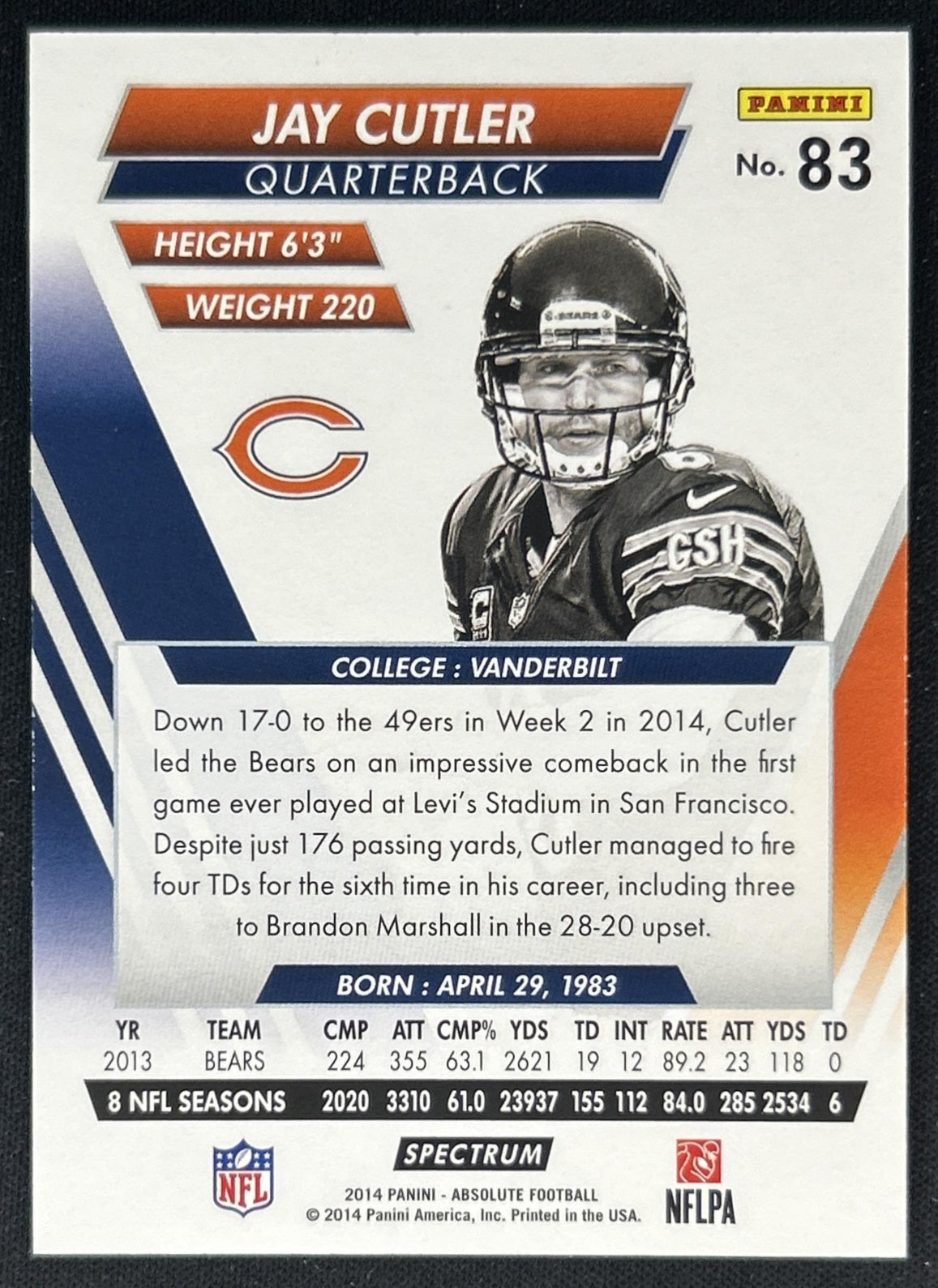 Jay Cutler 2014 Panini Absolute Spectrum Silver /99 Bears back