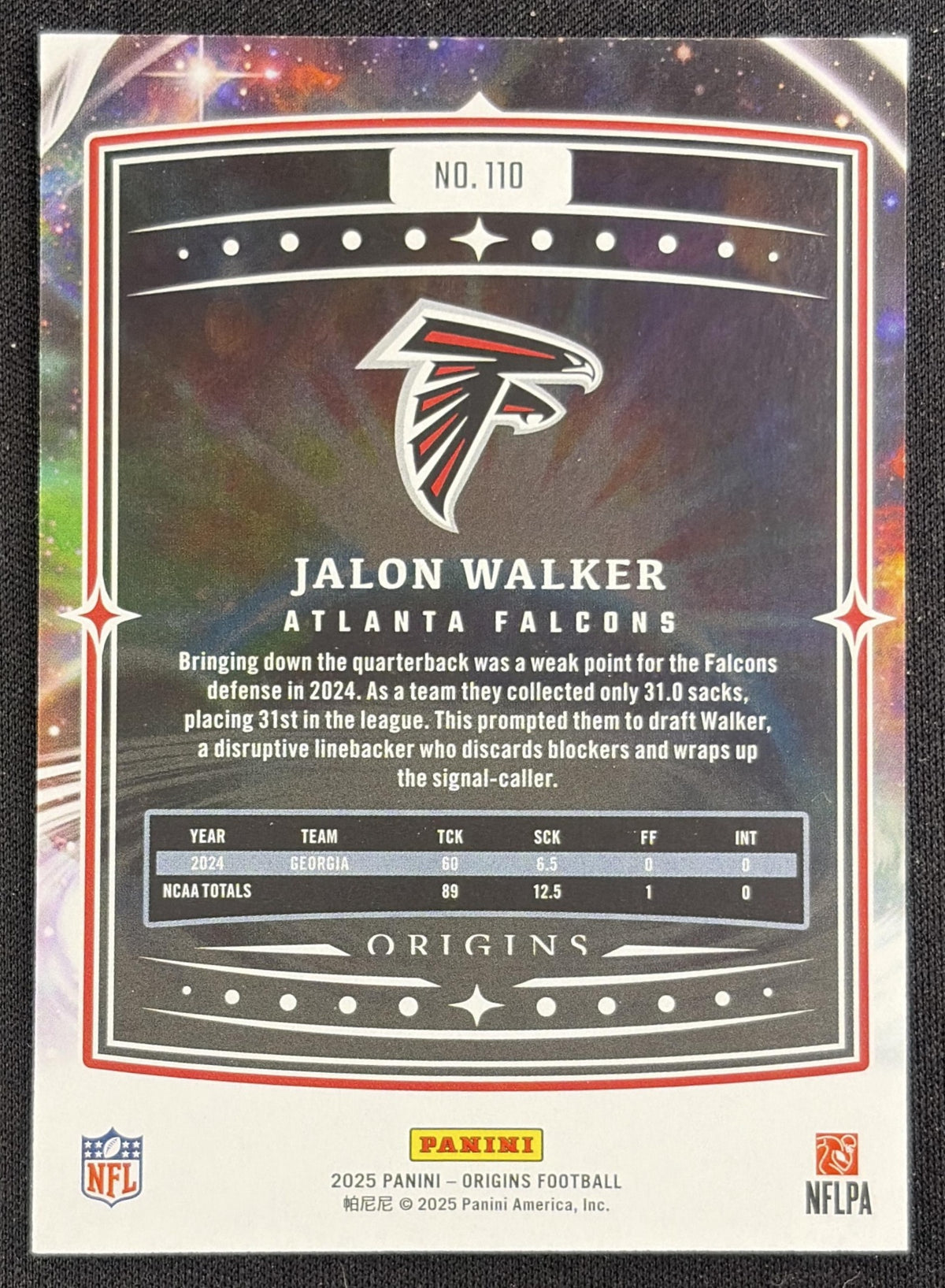 Jalon Walker 2025 Panini Origins Rookie Falcons