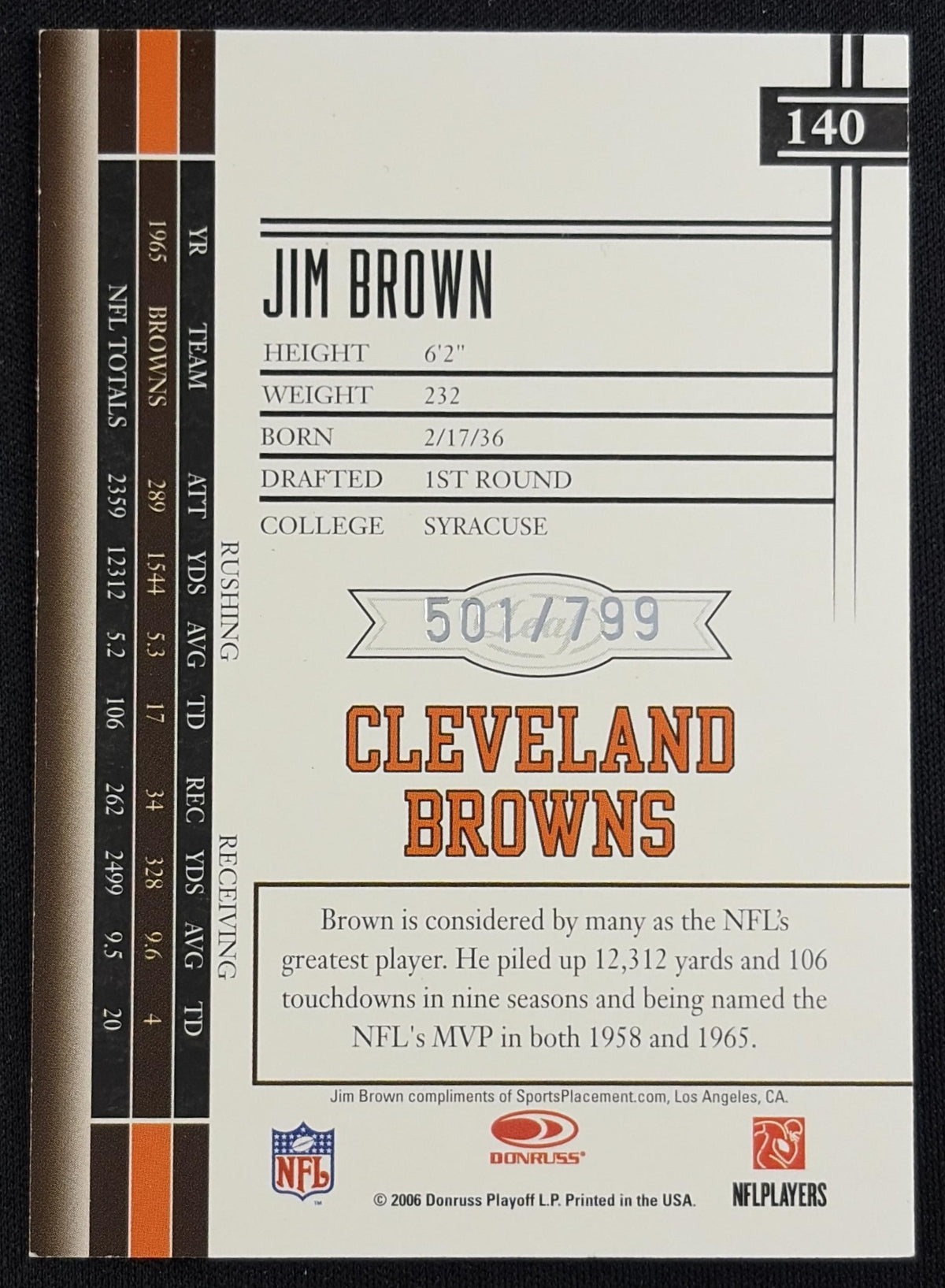Back of Jim Brown 2006 Leaf Limited /799 Browns sports trading card