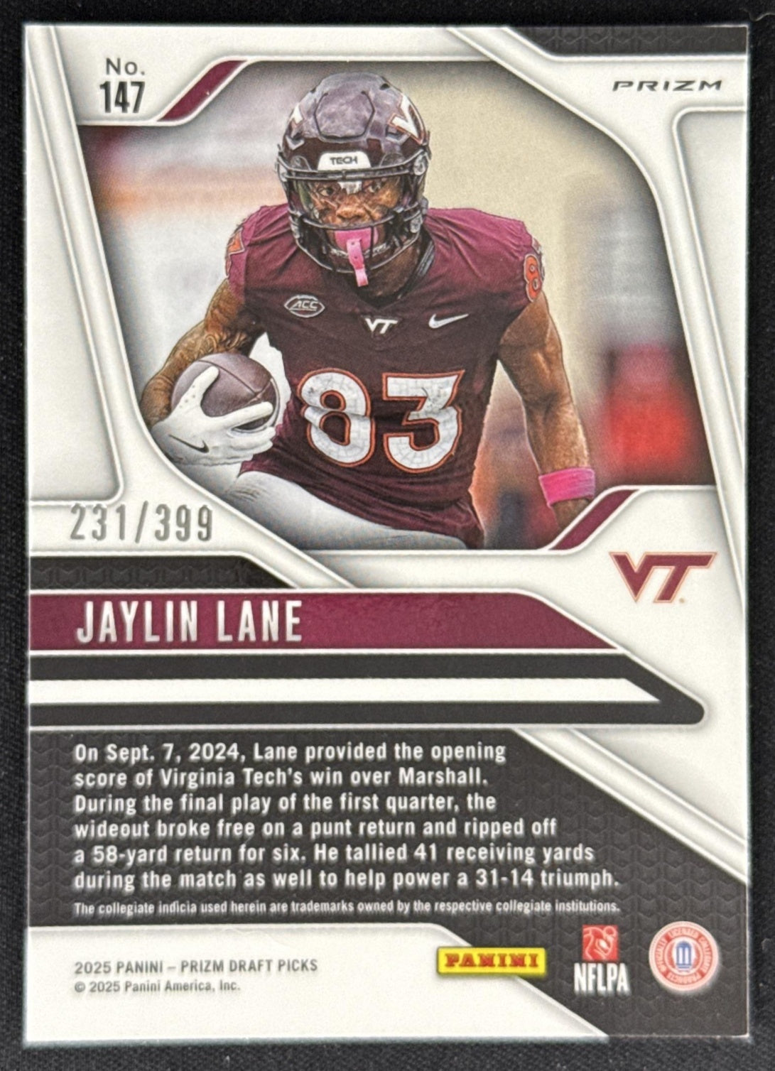 Jaylin Lane 2025 Panini Prizm Draft Picks Red /399 Hokies Sports Trading Card