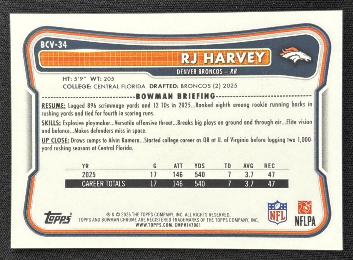 RJ Harvey 2026 Bowman Chrome NFL Yellow Mojo Refractor /275 Broncos Sports Trading Card
