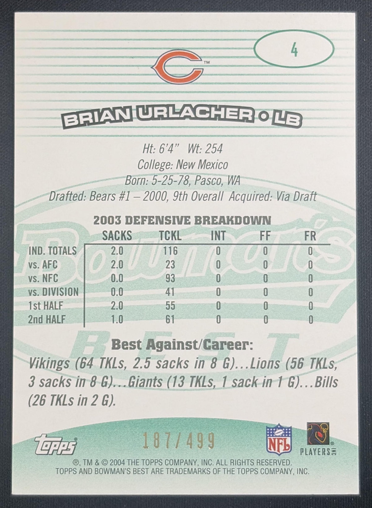 Brian Urlacher 2004 Bowman's Best Green /499 Bears