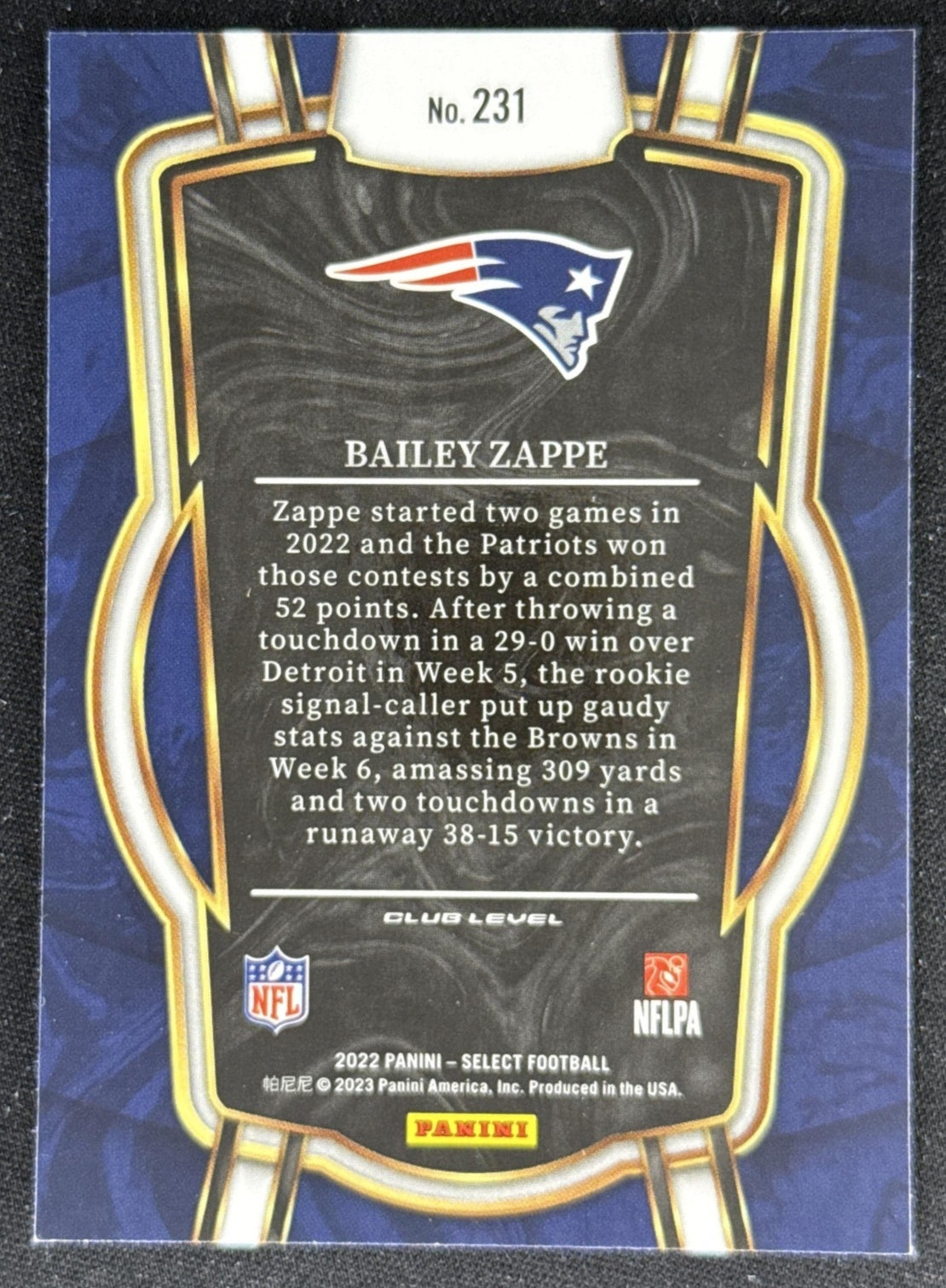 Bailey Zappe 2022 Panini Select Patriots Sports Trading Card