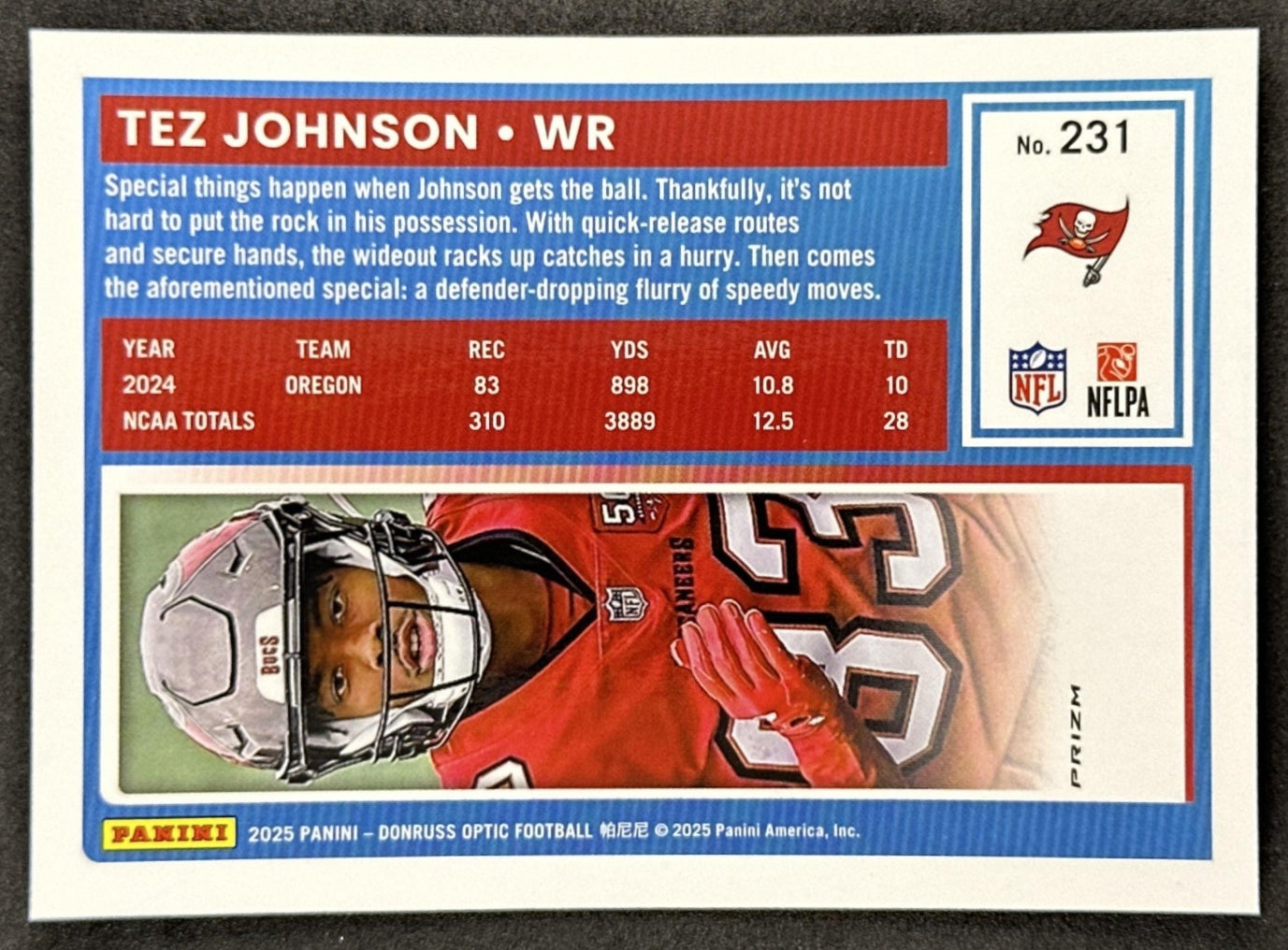 Tez Johnson 2025 Panini Donruss Optic Rated Rookie Stars Prizm Buccaneers back
