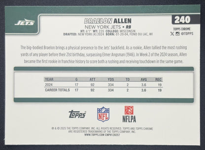 Braelon Allen 2025 Topps Chrome Blue Refractor /150 Jets