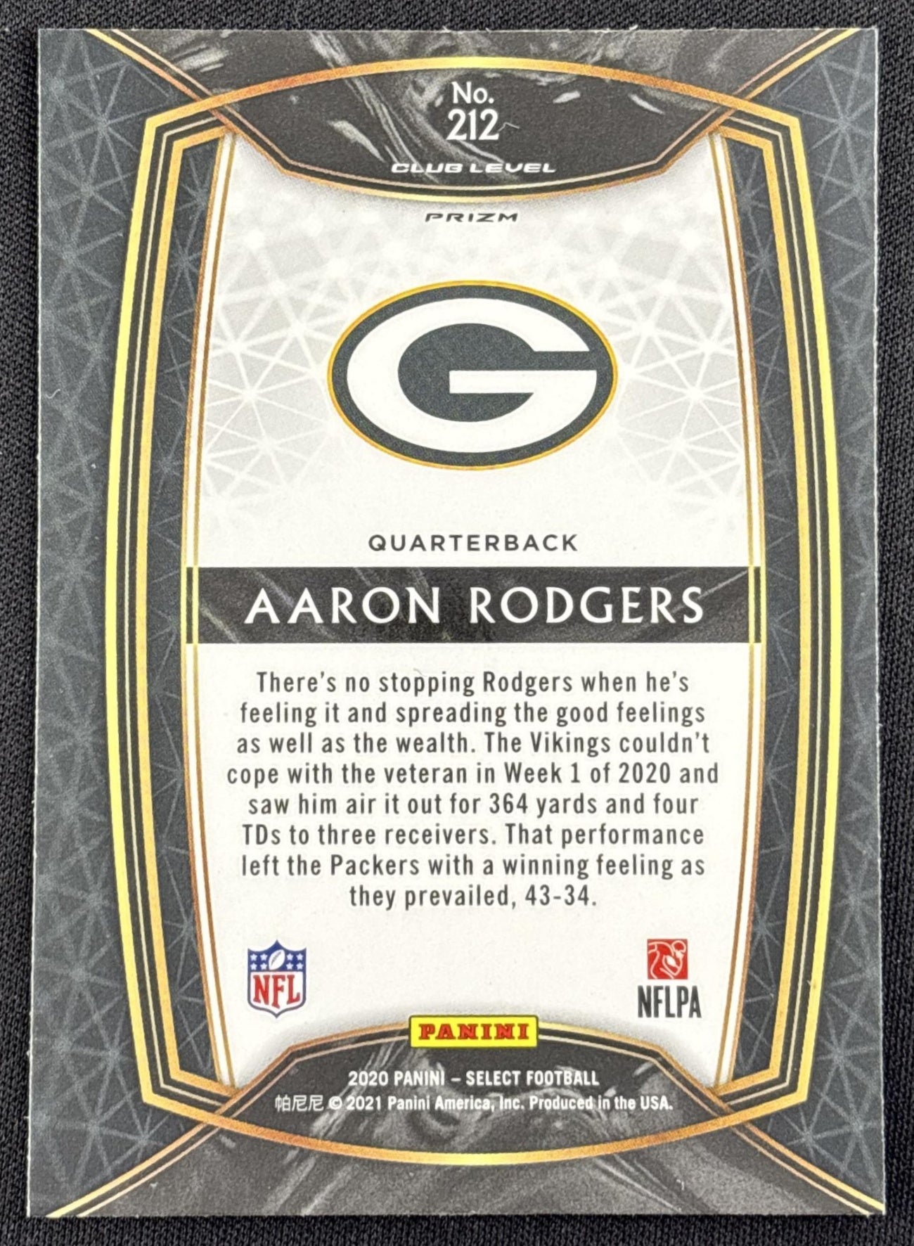 Aaron Rodgers 2020 Panini Select Cosmic Prizm SSP Packers - back