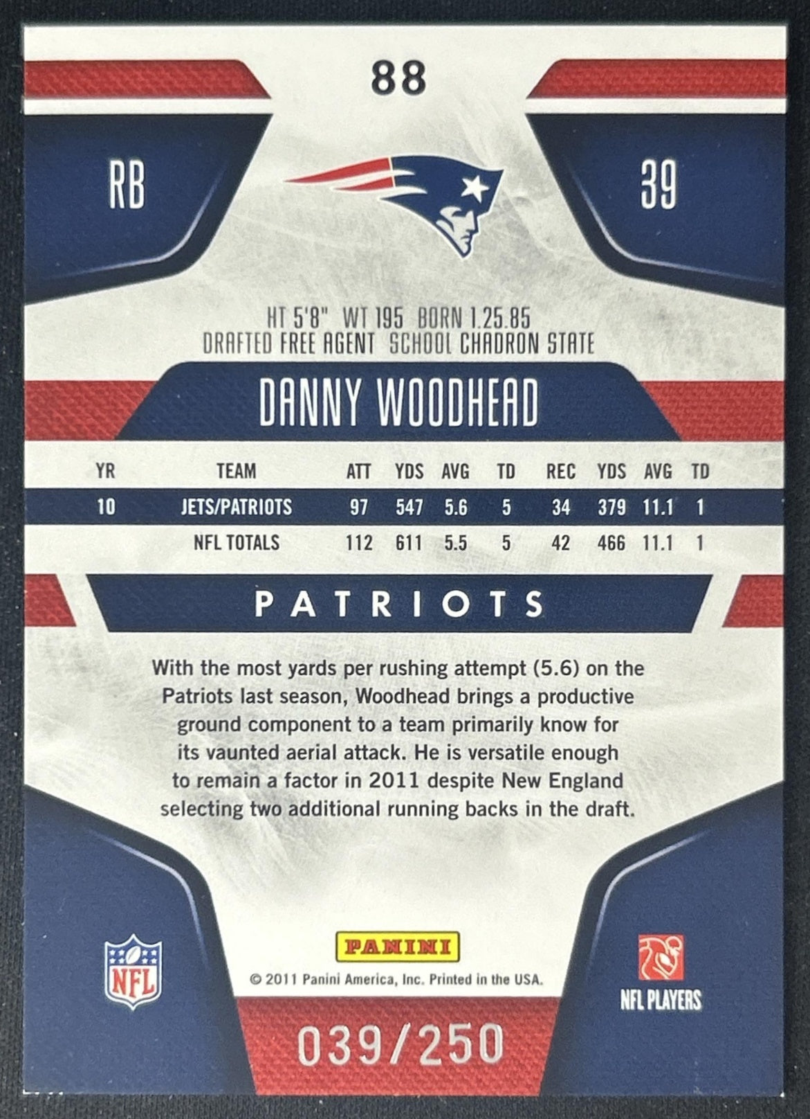 Danny Woodhead 2011 Panini Certified Mirror Red /250 Patriots back