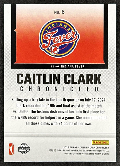 Caitlin Clark 2025 Panini Chronicled WNBA Holo Fever 6 Indiana Fever