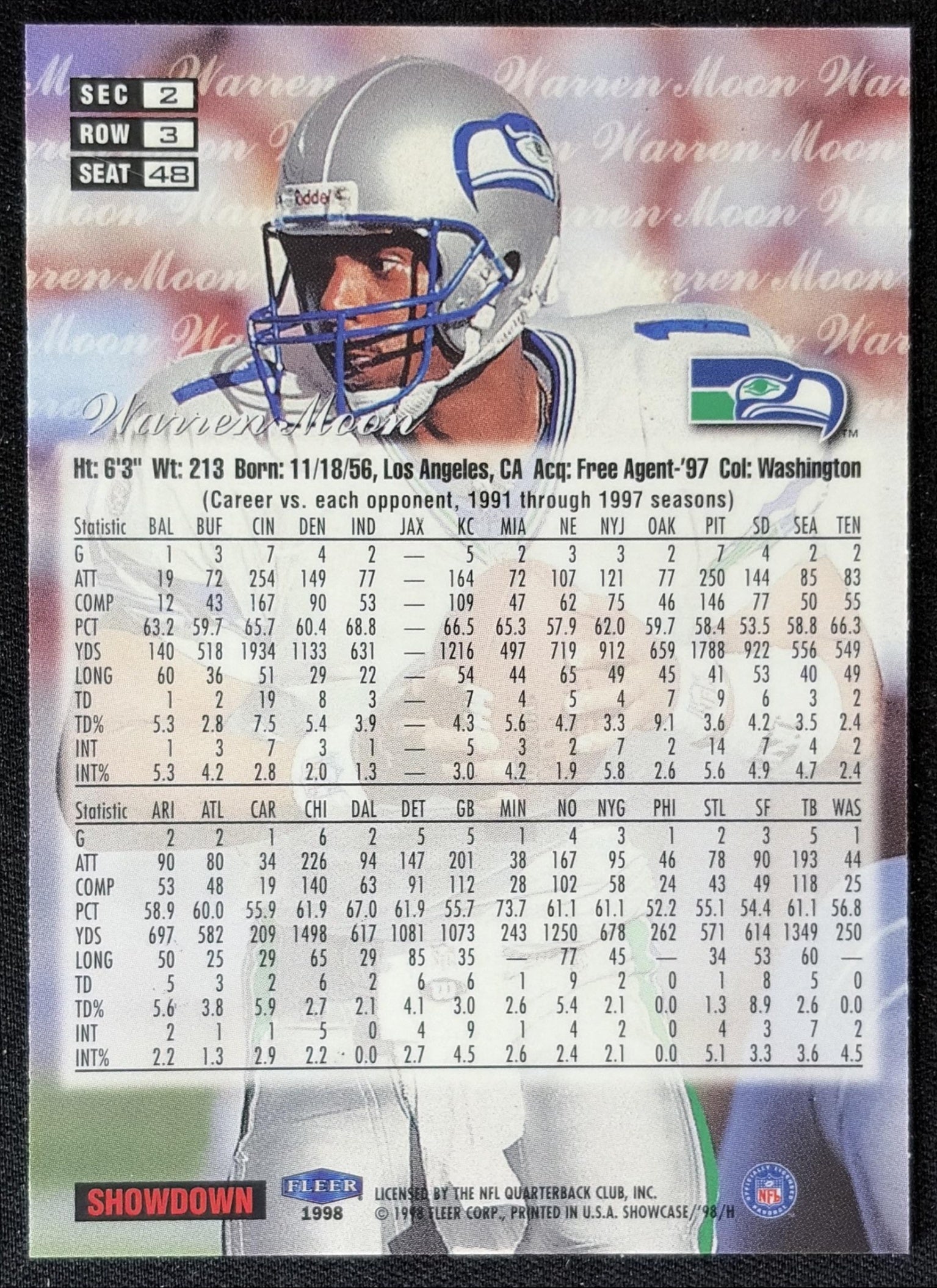 Warren Moon 1998 Fleer Flair Showcase Row 3 Seahawks