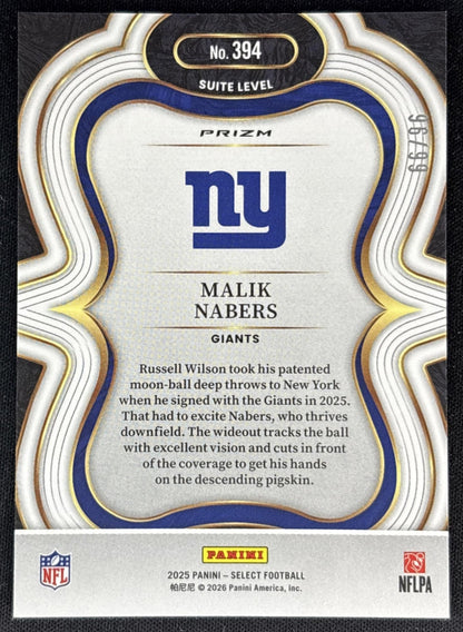 Malik Nabers 2025 Panini Select Suite Level Blue Prizm /99 Giants back