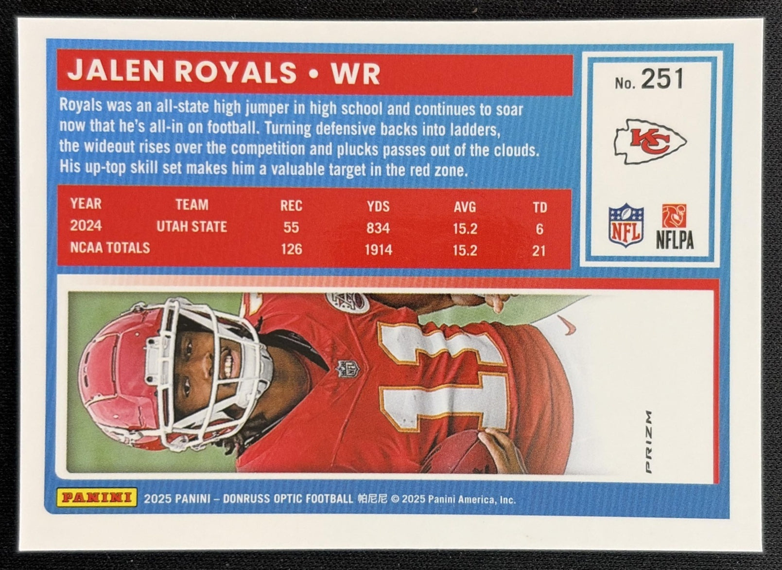 Jalen Royals 2025 Panini Donruss Optic Rated Rookie Blue Hyper Prizm Chiefs back