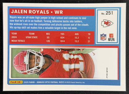 Jalen Royals 2025 Panini Donruss Optic Rated Rookie Blue Hyper Prizm Chiefs back