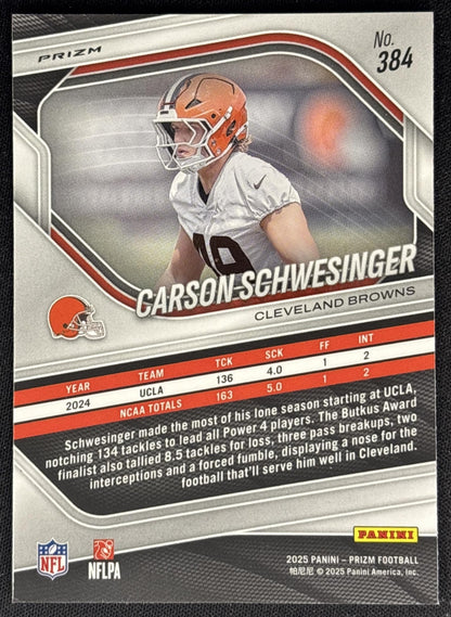 Carson Schwesinger 2025 Panini Prizm Lazer Browns Sports Trading Cards