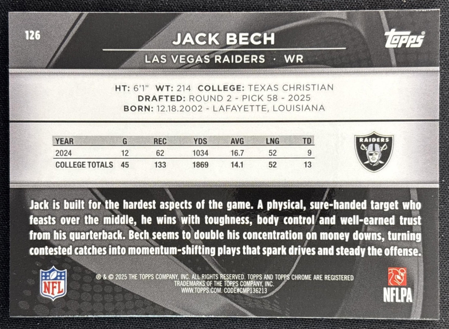 Jack Bech 2025 Topps Chrome Black Raiders back