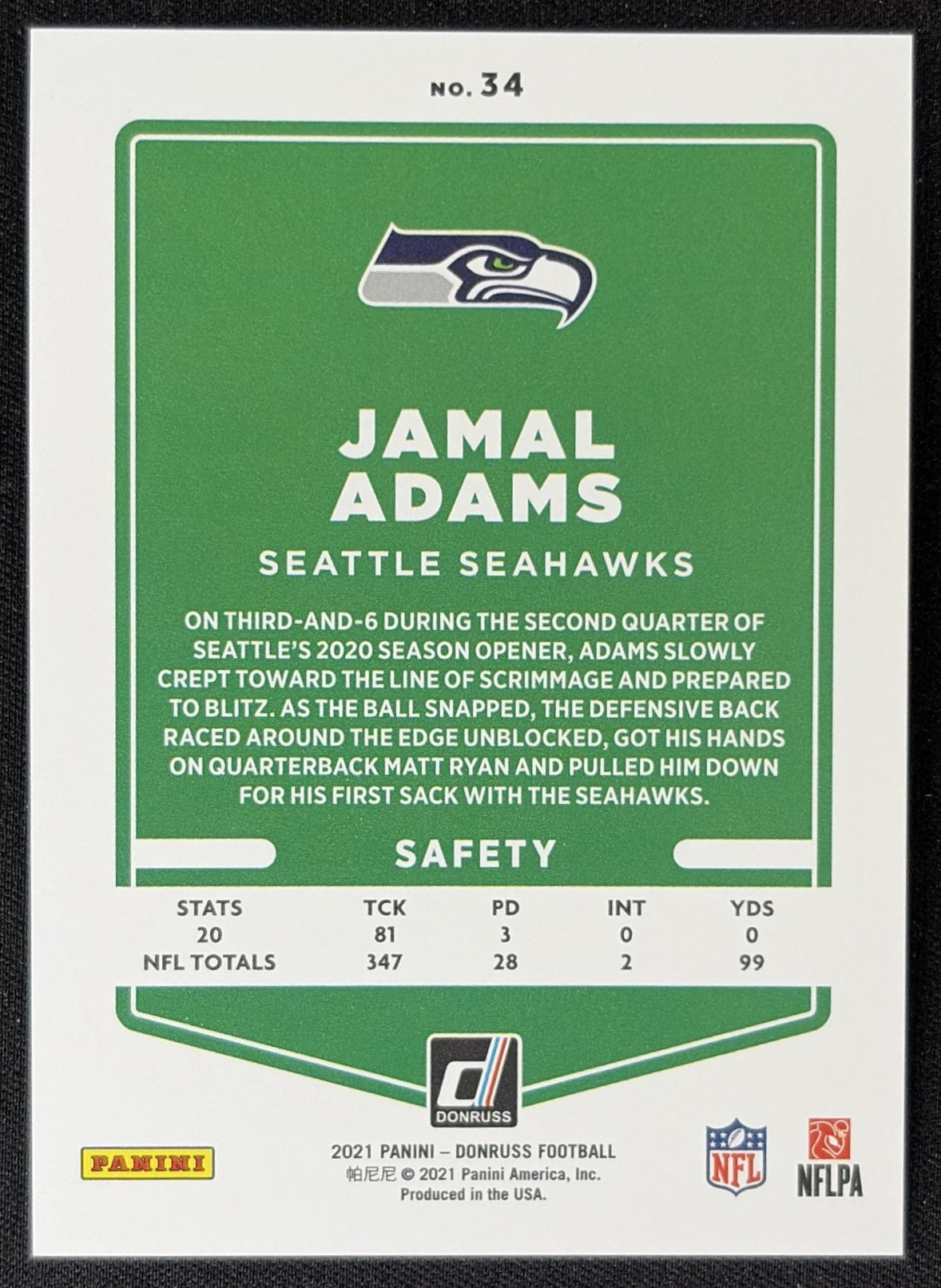 Jamal Adams 2021 Panini Donruss Press Proof Premium Seahawks - Seattle Seahawks