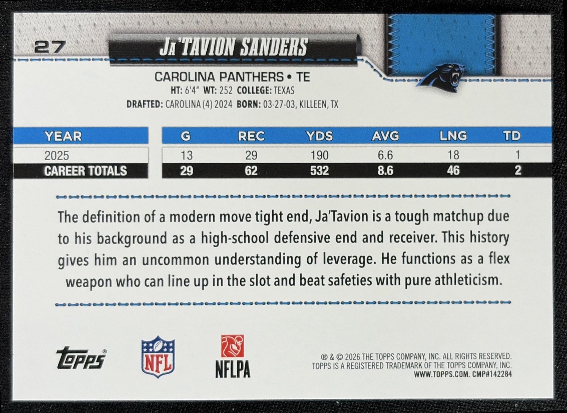 Ja'Tavion Sanders 2026 Topps Rainbow Foil Panthers