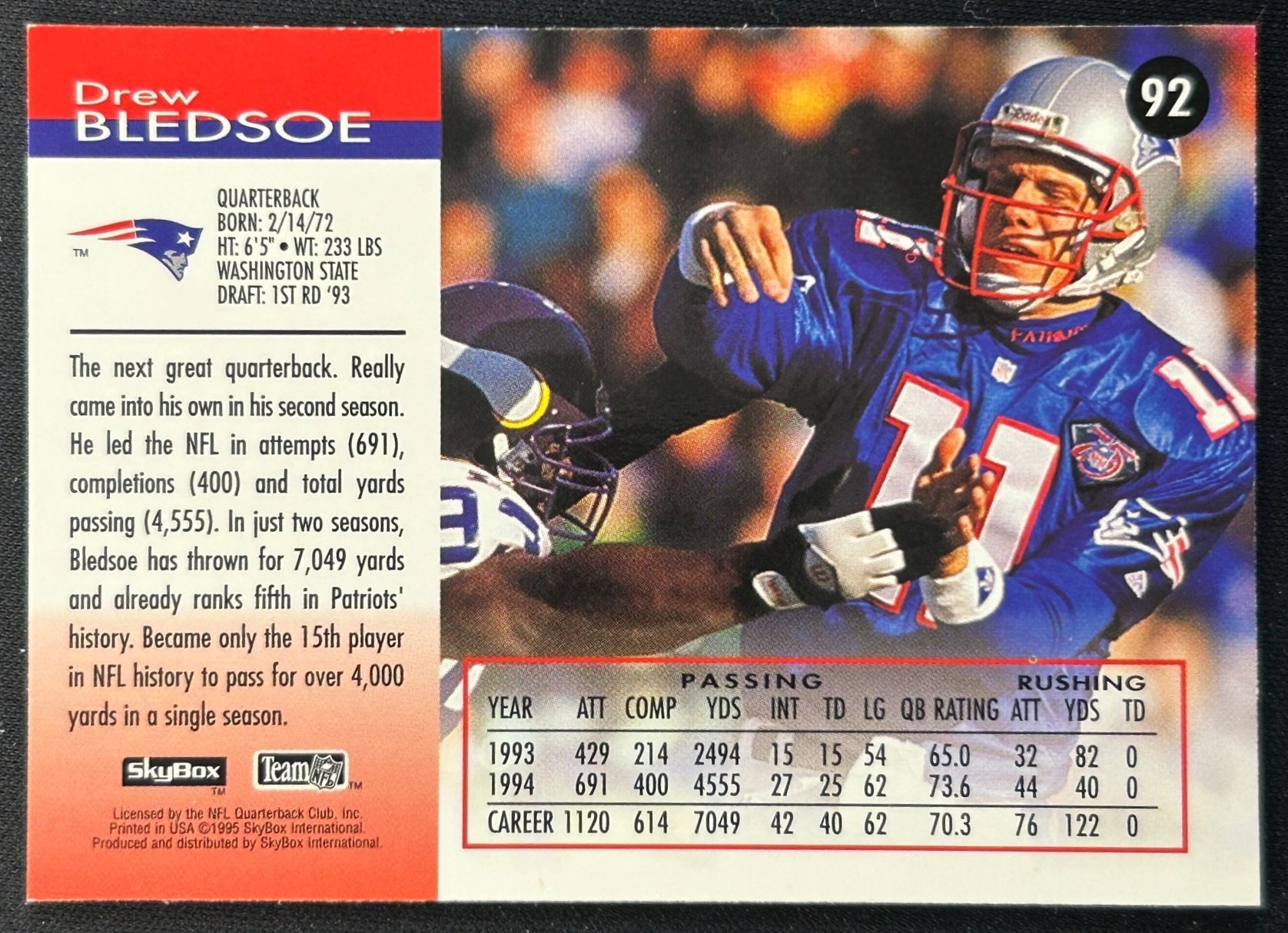 Drew Bledsoe 1995 Impact Patriots sports trading card (back)