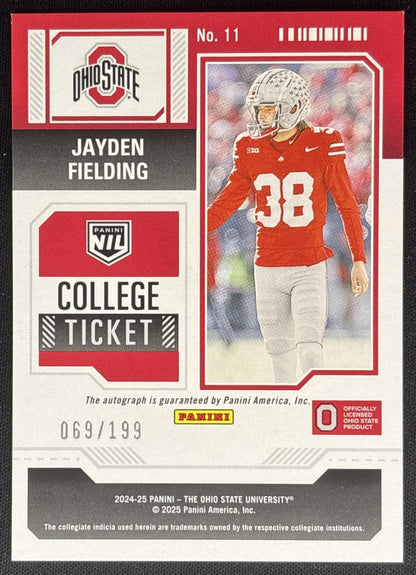 Jayden Fielding 2025 Panini Ohio State University Auto Swirl /199 Buckeyes Sports Trading Card