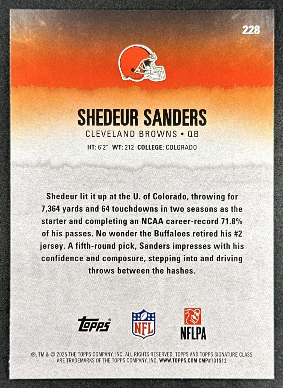 Shedeur Sanders 2025 Topps Signature Class Rookie Green & Purple Foil Browns back