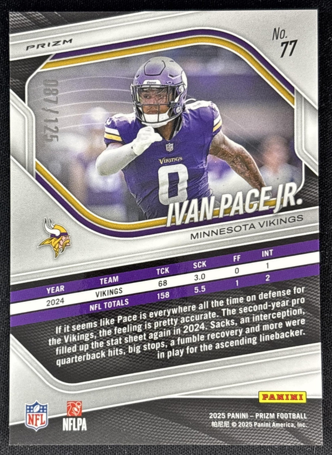 Ivan Pace Jr. 2025 Panini Prizm Purple /125 Vikings Back