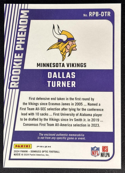 Dallas Turner 2024 Panini Donruss Optic Rookie Phenoms Blue Hyper Vikings