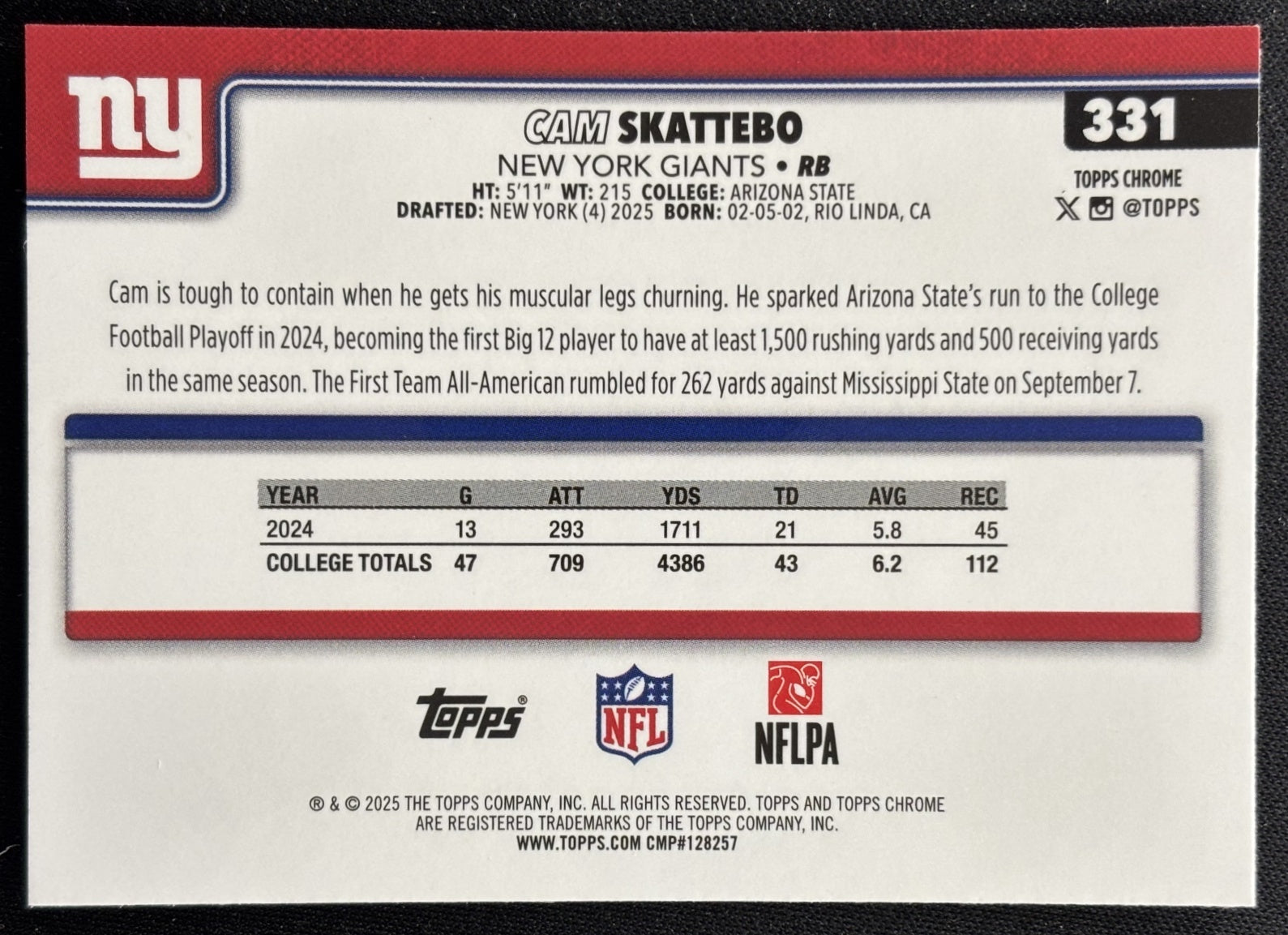 Cam Skattebo 2025 Topps Chrome Rookie Pulsar Refractor Giants Sports Trading Cards