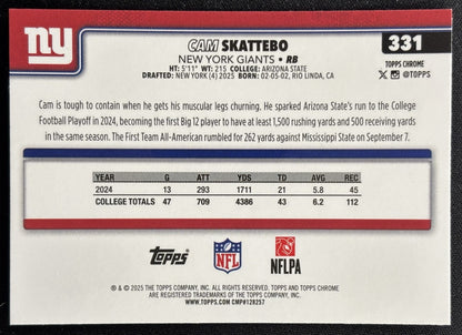 Cam Skattebo 2025 Topps Chrome Rookie Pulsar Refractor Giants Sports Trading Cards