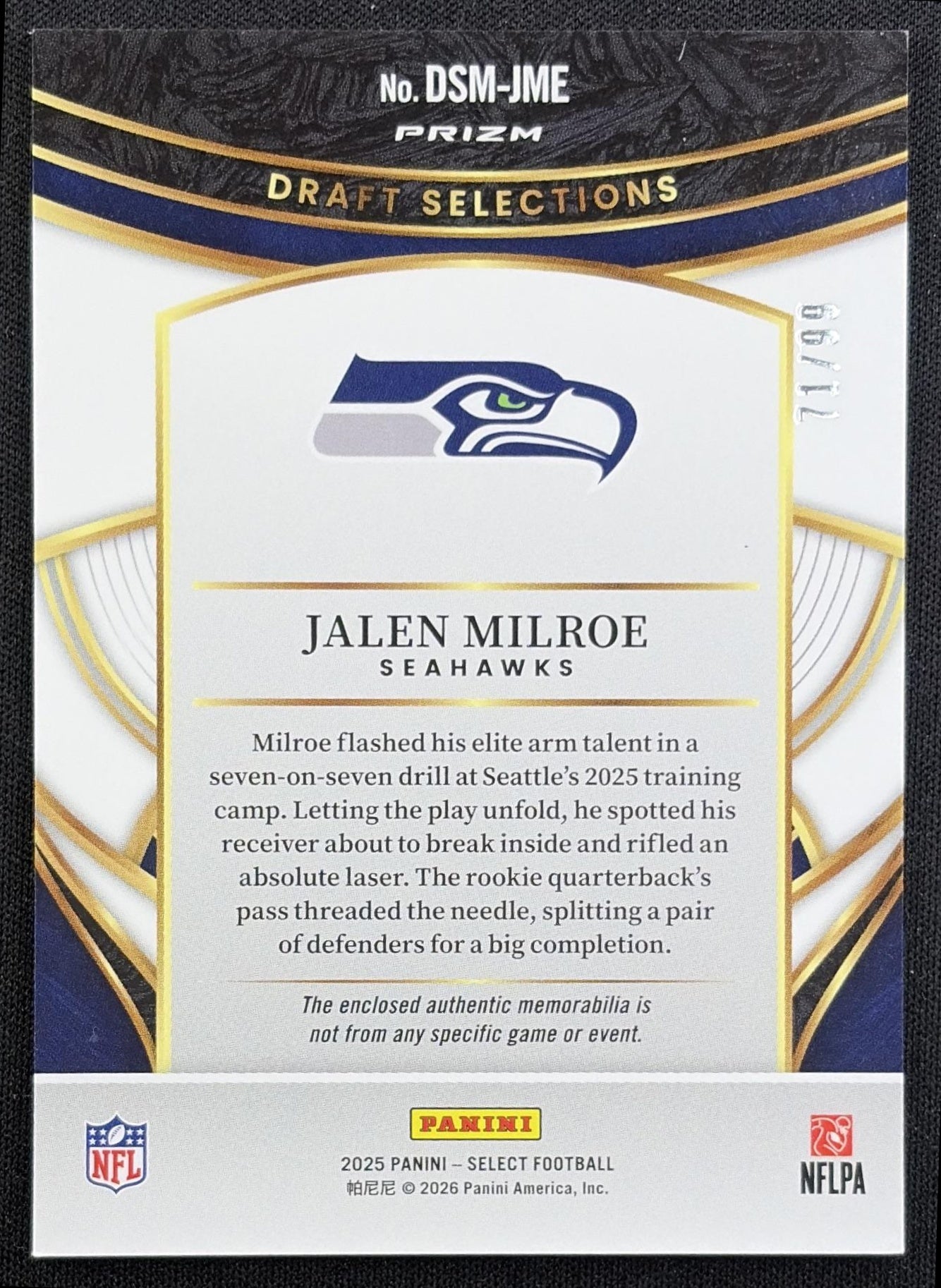 Jalen Milroe 2025 Panini Select Draft Selections Memorabilia White Prizm /99 Seahawks - back