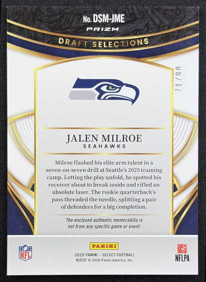 Jalen Milroe 2025 Panini Select Draft Selections Memorabilia White Prizm /99 Seahawks - back